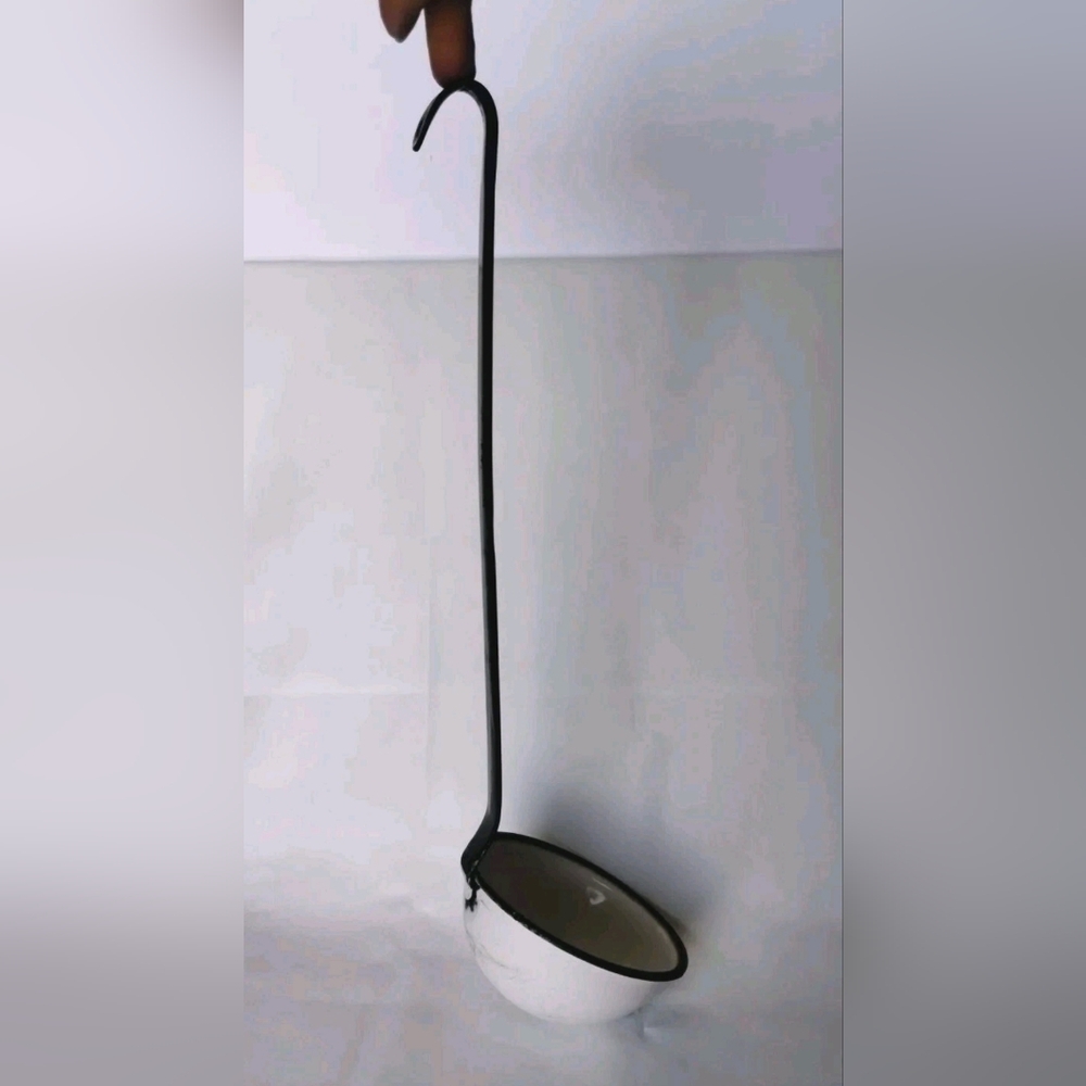 Vintage Enamelware Dipper Ladle White Black Enamel Farmhouse Kitchen Cottage